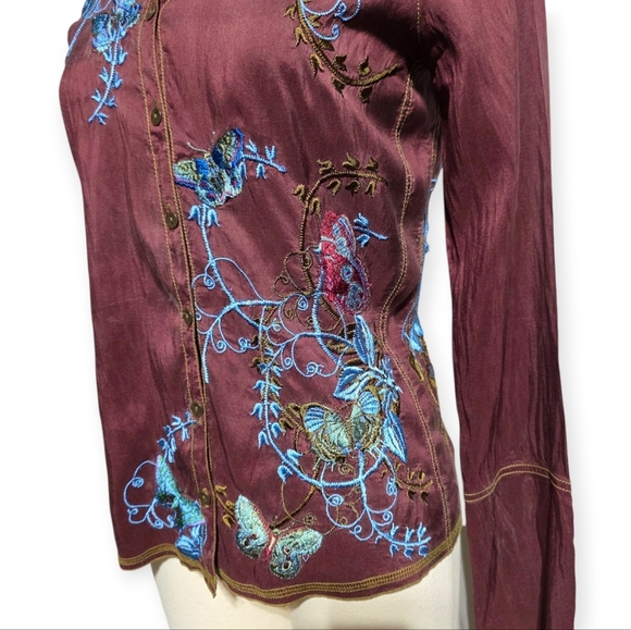 Y2K VINTAGE JOHNNY WAS SILK EMBROIDERED BUTTERFLY BUTTON FLY BLOUSE SZ S - Picture 8 of 10